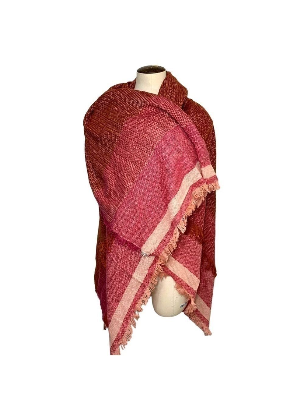 SOFT Woven Pink Shades Multi Way Cottage Core Fringed Wrap Square Scarf 57"x57"